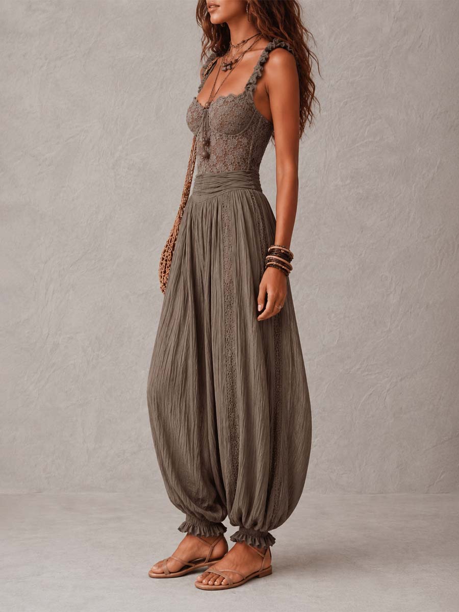 Giulia | Completo con bandeau in pizzo grigio e pantaloni harem in cotone plissettati
