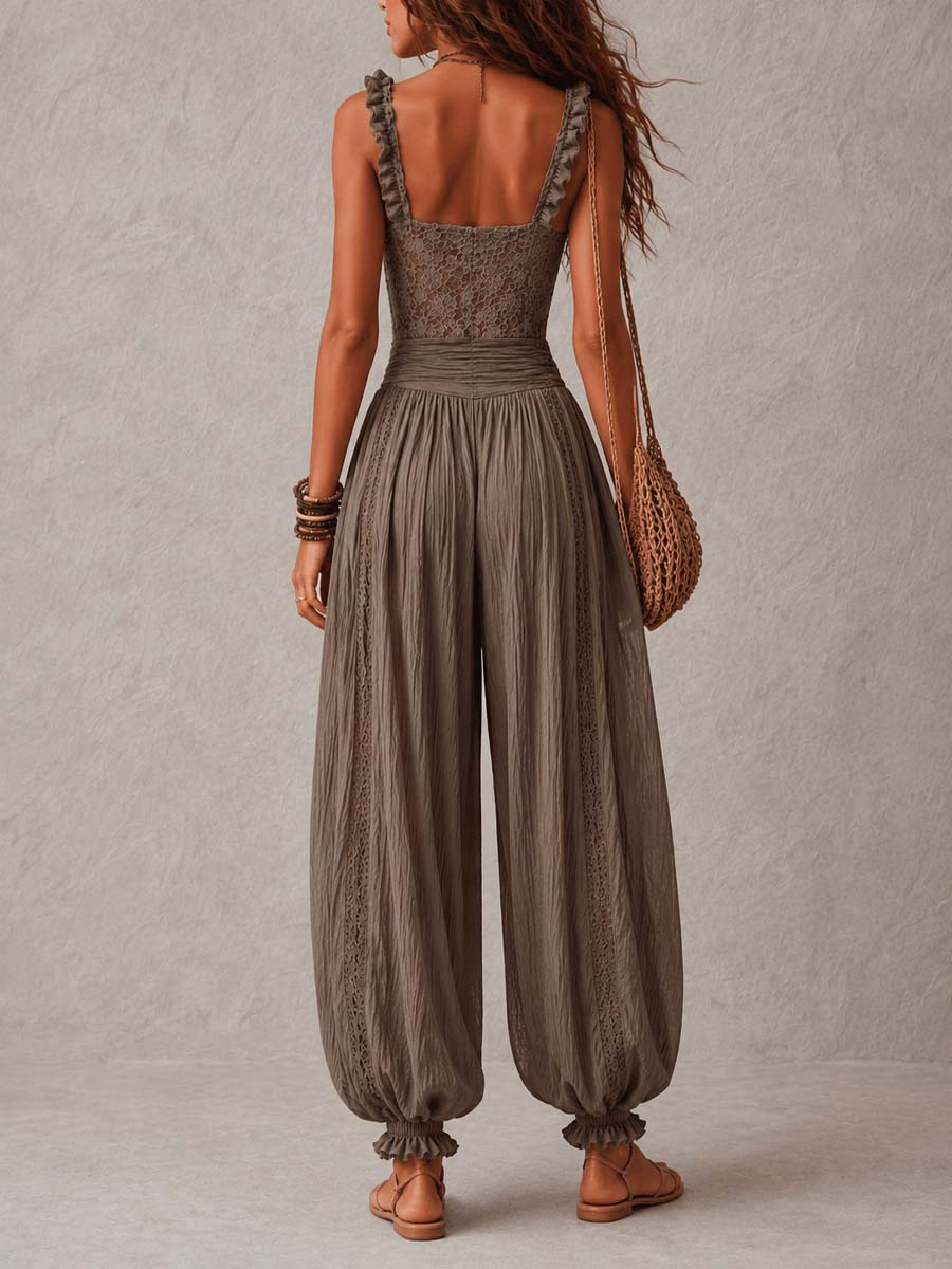 Caterina | Completo di bandeau in pizzo grigio e pantaloni harem in cotone plissettati