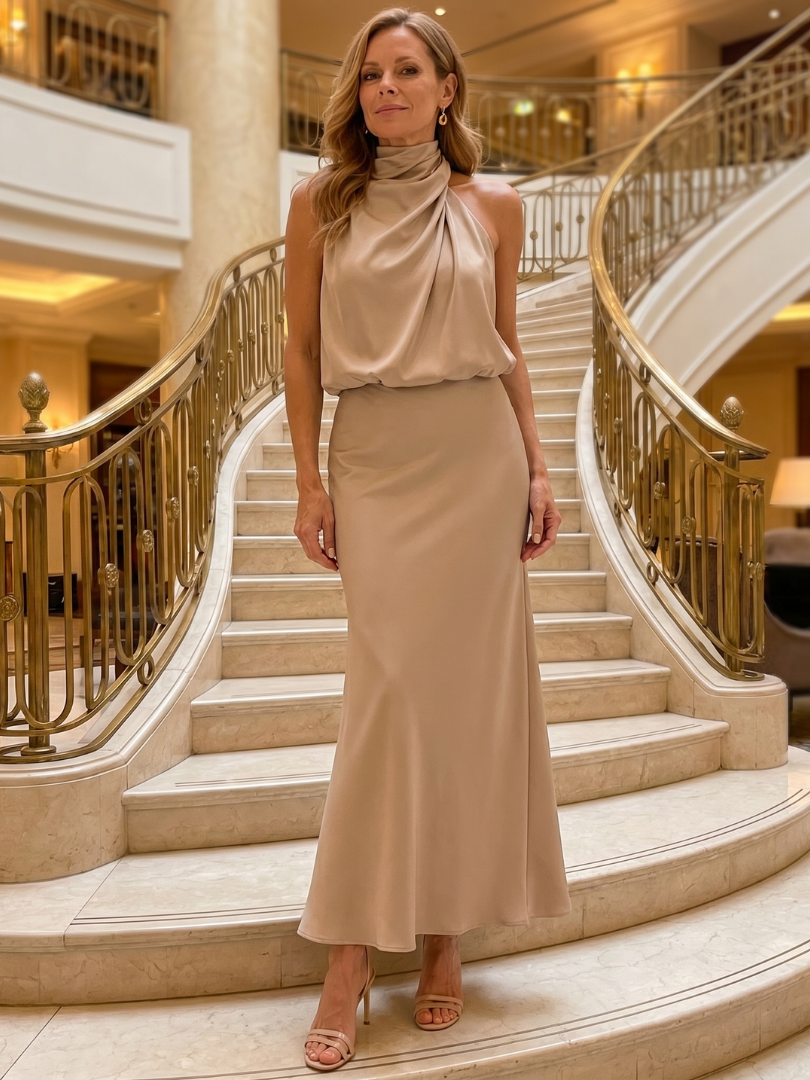 Elisa | Abito midi senza maniche con scollo drappeggiato