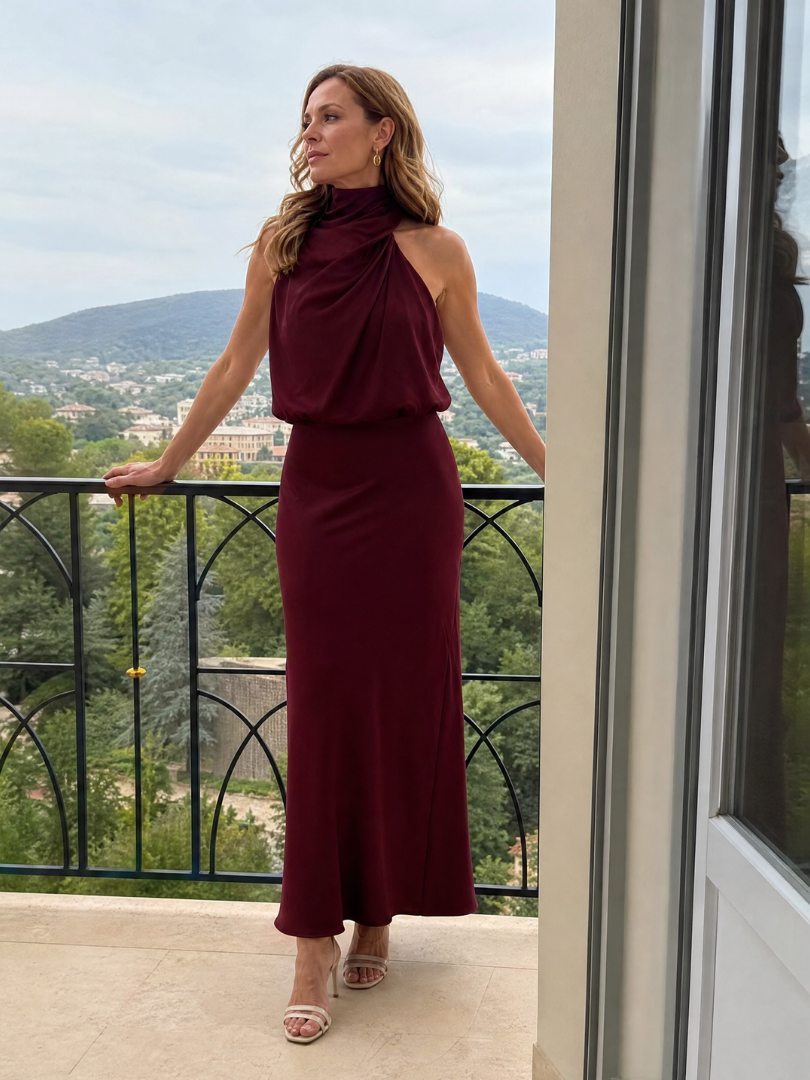 Elisa | Abito midi senza maniche con scollo drappeggiato