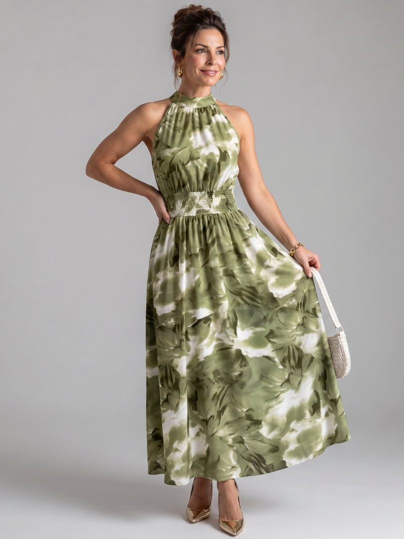 Olivia | Abito midi con vita arricciata e stampa astratta