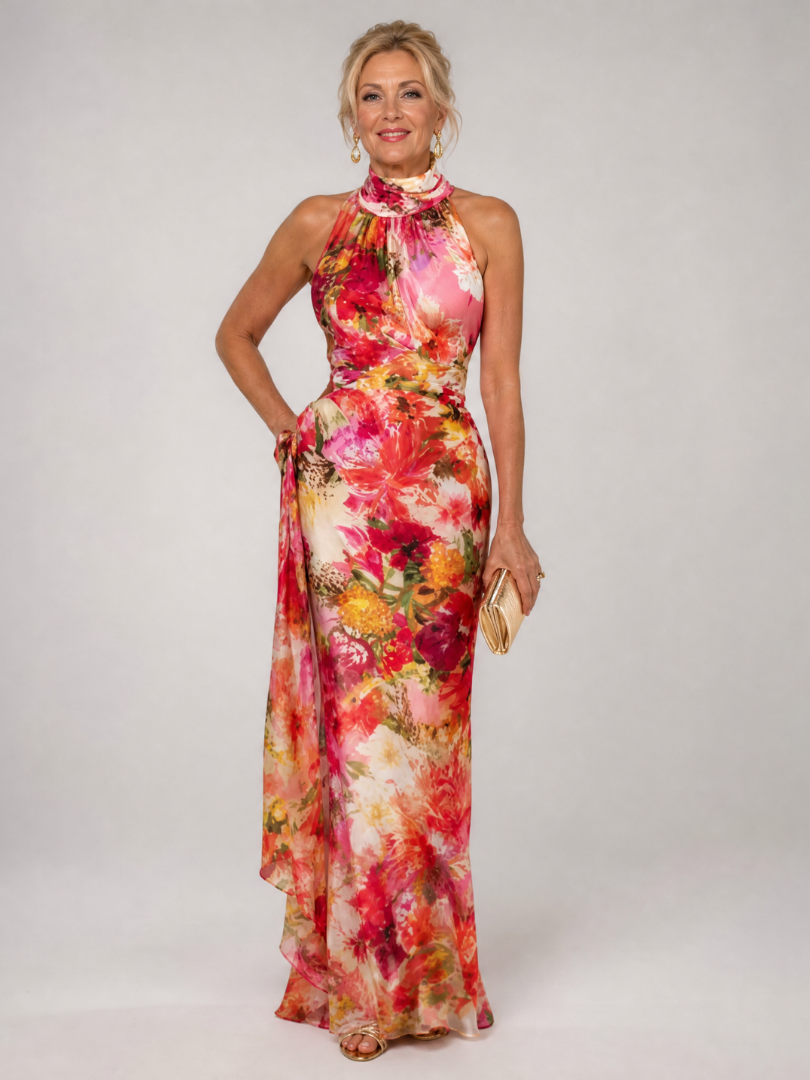 Elisabetta | Abito Maxy con Scollo a Halter e Motivo Floreale