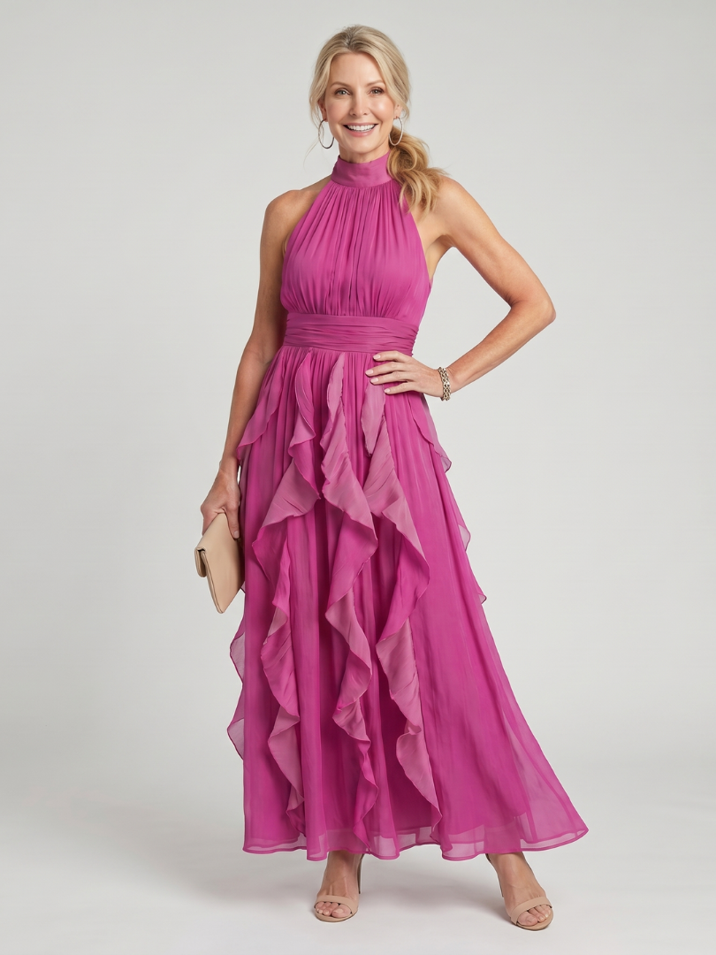 Noemi | Maxidress con collo alto e strati arricciati