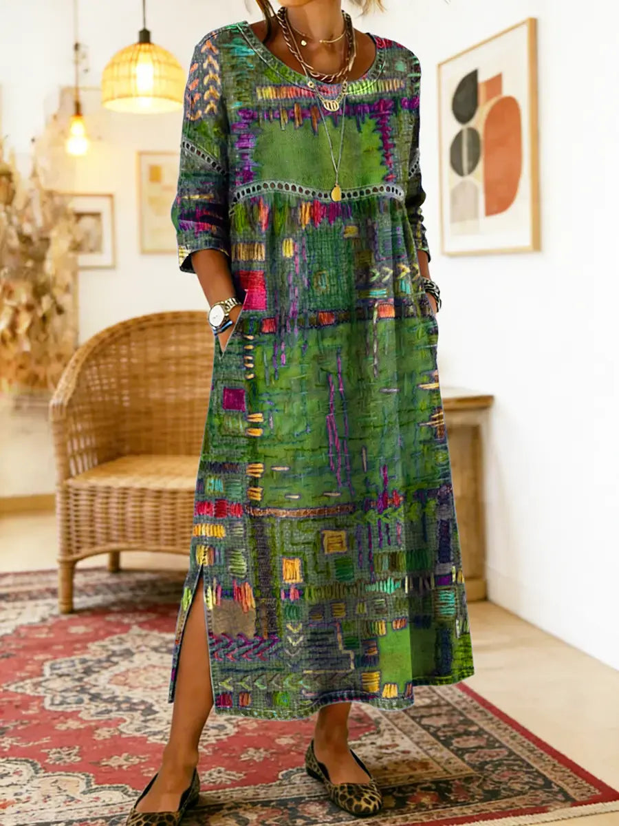 Manuela | Vestito in Denim con Patchwork Etnico