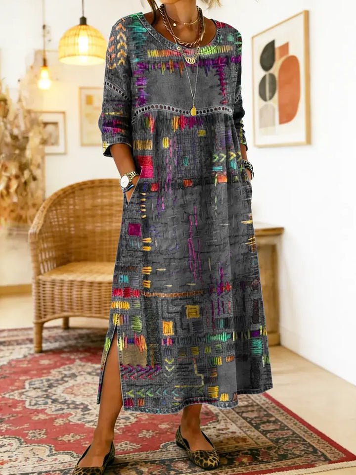 Manuela | Vestito in Denim con Patchwork Etnico