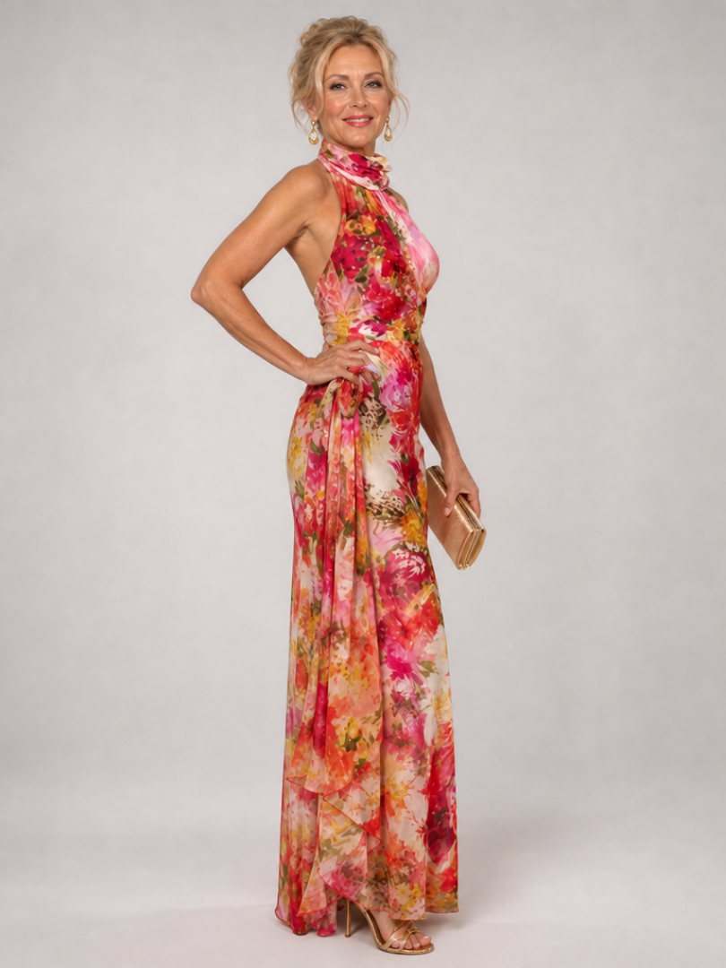 Elisabetta | Abito Maxy con Scollo a Halter e Motivo Floreale