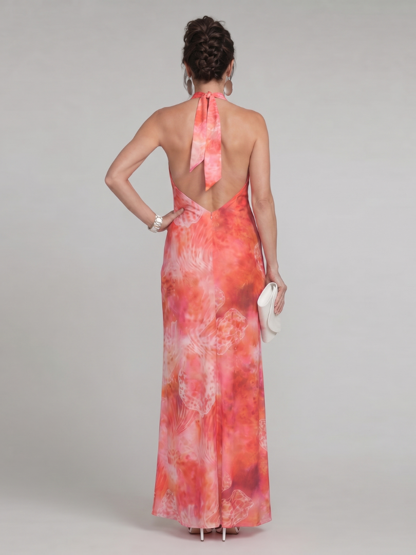Gaia | Abito Maxi con Scollo Halter e Motivo Stampato