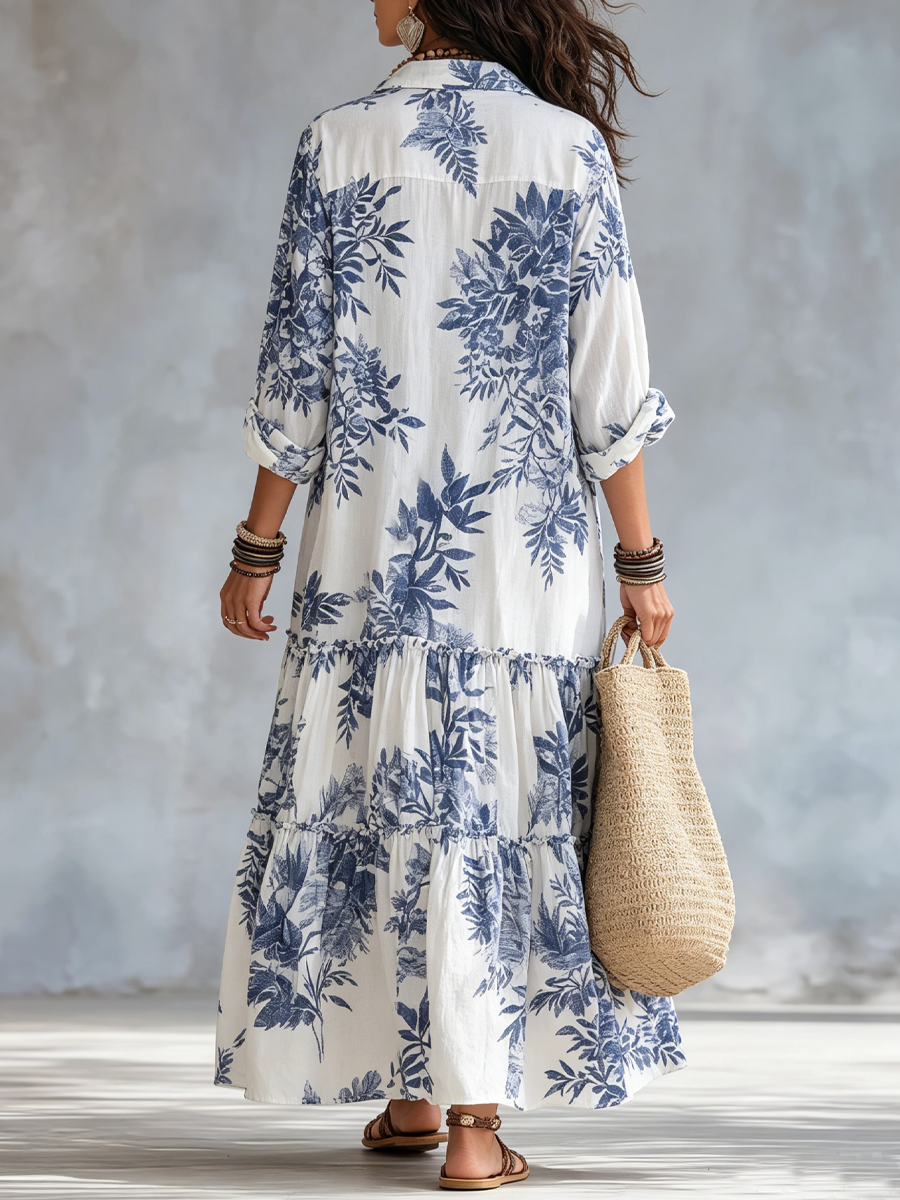 Giulia | Vestito Maxi Blu a Fiori con Bottoni
