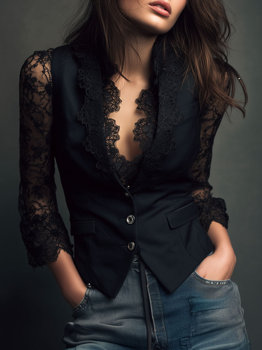 Noemi | Giacca Blazer Nera con Maniche Semi-Trasparenti