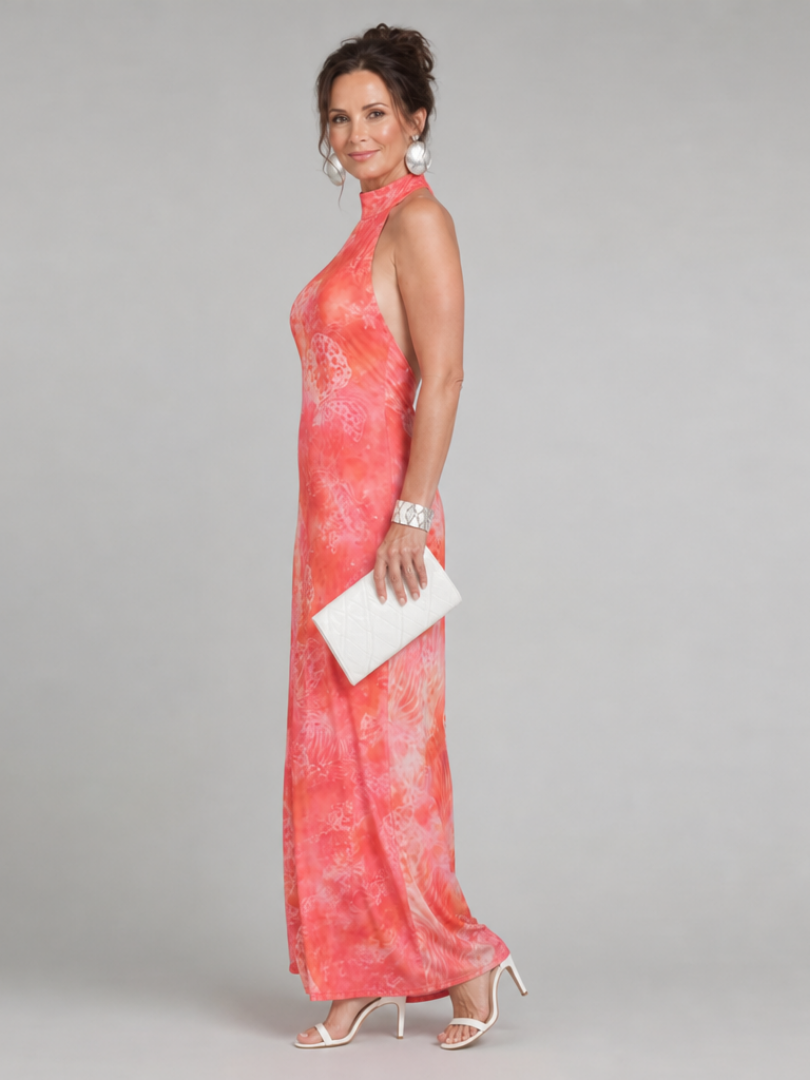 Gaia | Abito Maxi con Scollo Halter e Motivo Stampato