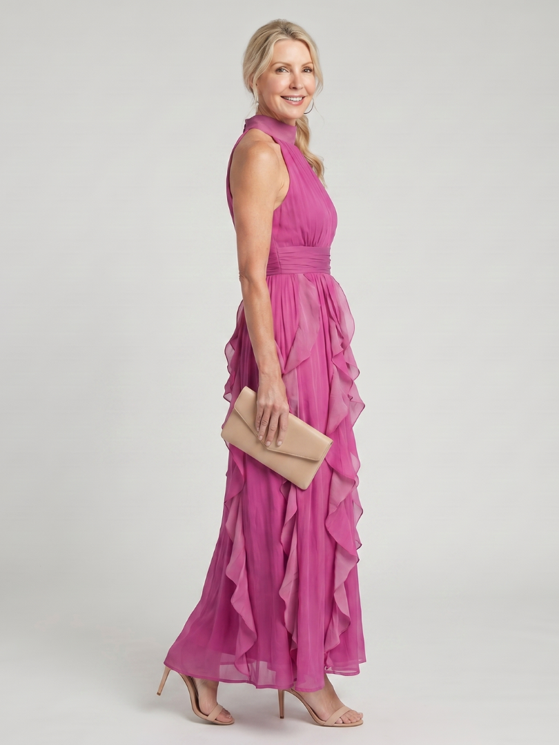 Noemi | Maxidress con collo alto e strati arricciati