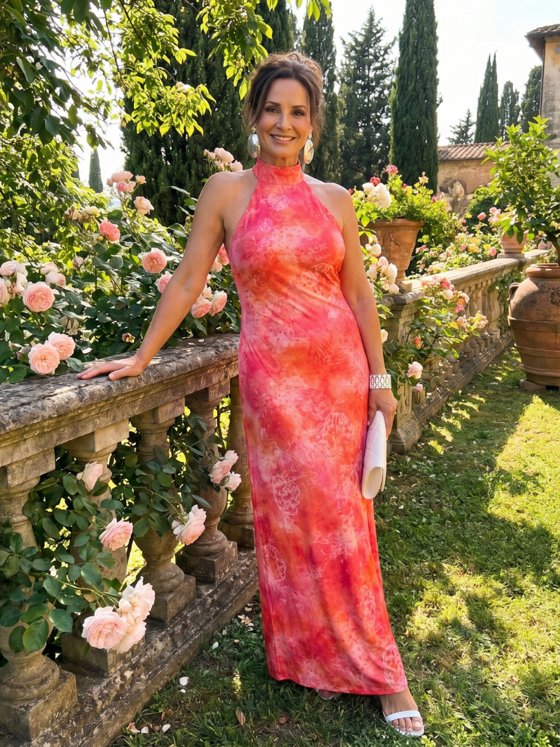 Gaia | Abito Maxi con Scollo Halter e Motivo Stampato