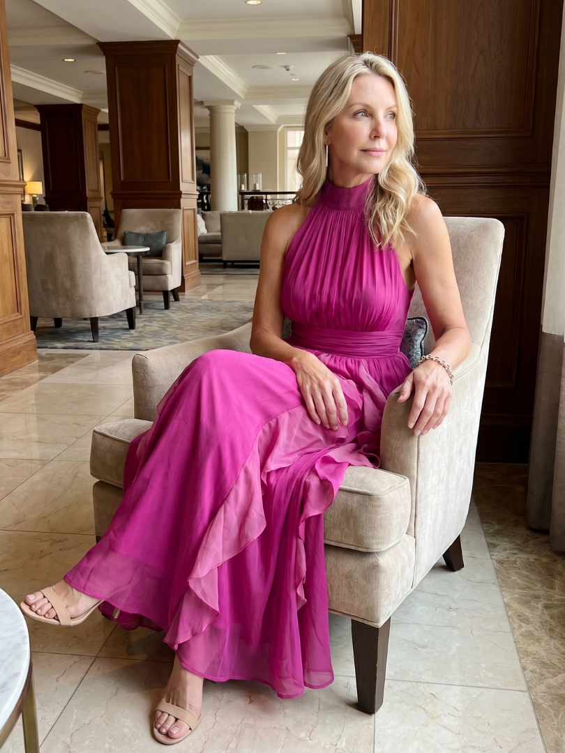 Noemi | Maxidress con collo alto e strati arricciati