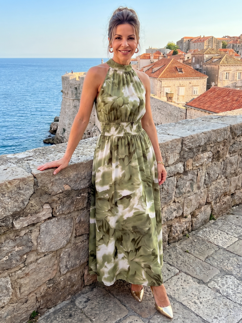 Olivia | Abito midi con vita arricciata e stampa astratta