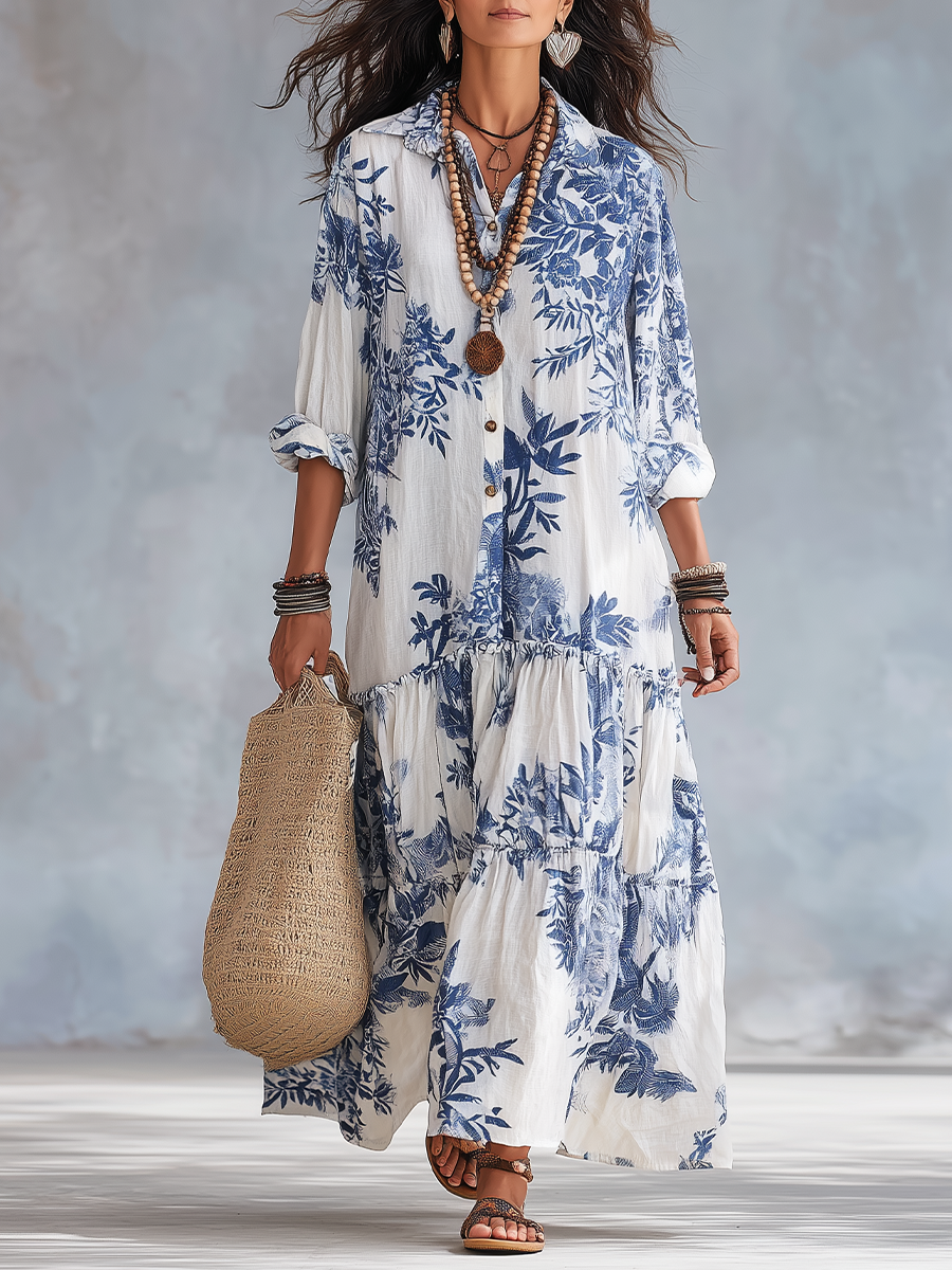 Giulia | Vestito Maxi Blu a Fiori con Bottoni