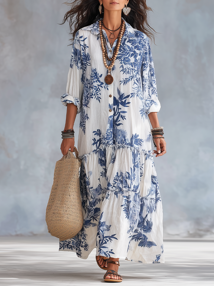 Giulia | Vestito Maxi Blu a Fiori con Bottoni