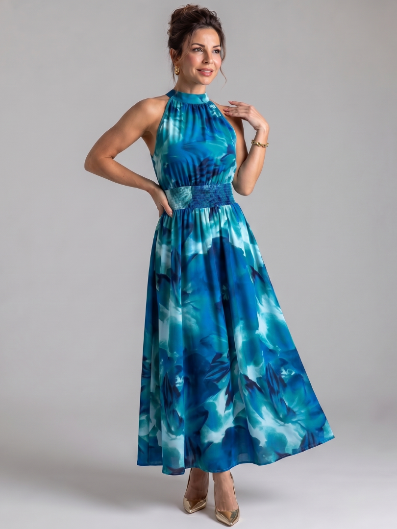 Olivia | Abito midi con vita arricciata e stampa astratta