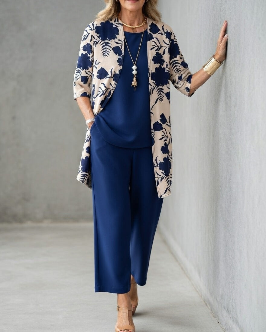Completo donna 3 pezzi elegante – pantaloni fluidi e giacca floreale