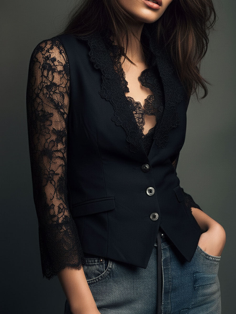 Noemi | Giacca Blazer Nera con Maniche Semi-Trasparenti