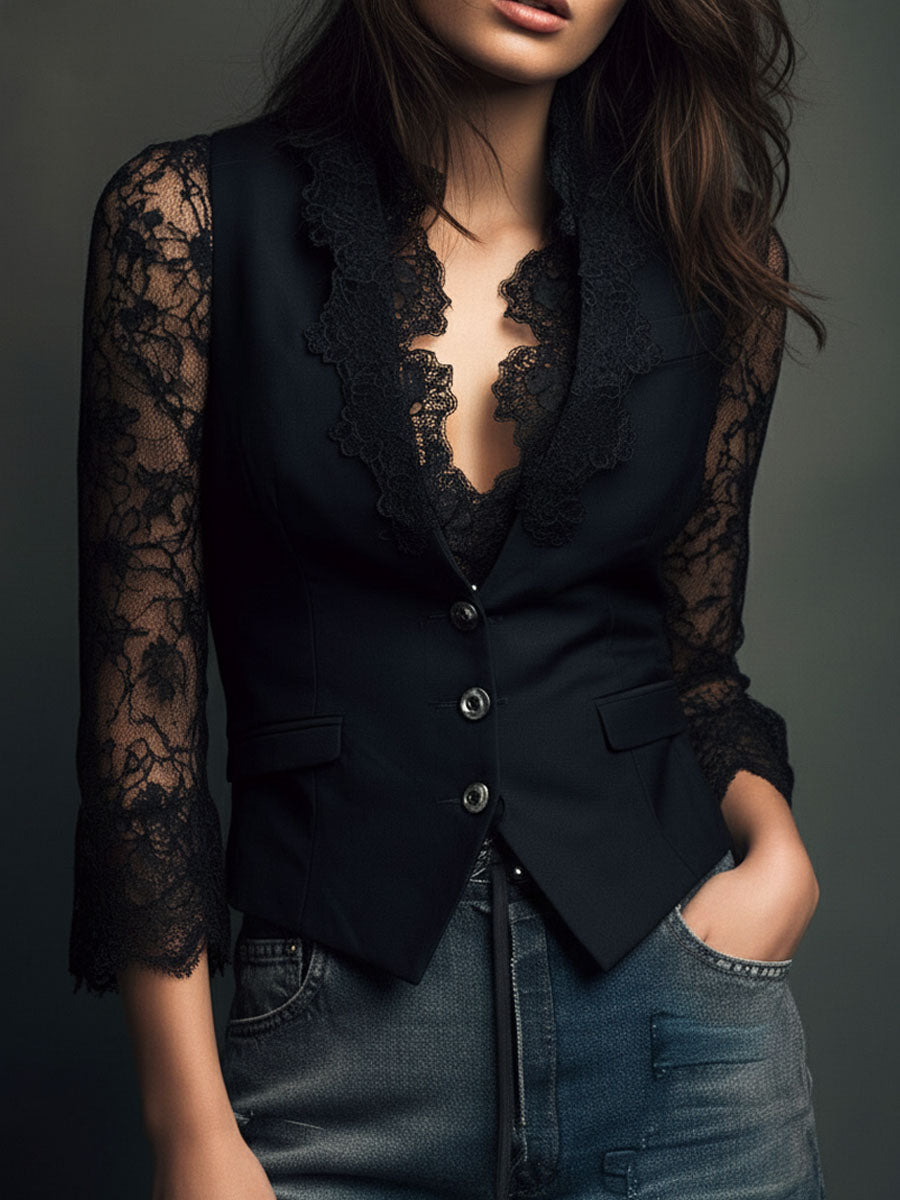 Noemi | Giacca Blazer Nera con Maniche Semi-Trasparenti