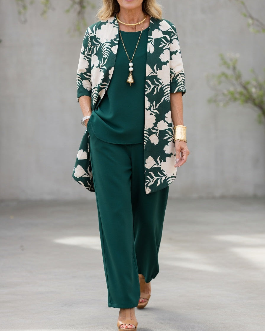 Completo donna 3 pezzi elegante – pantaloni fluidi e giacca floreale