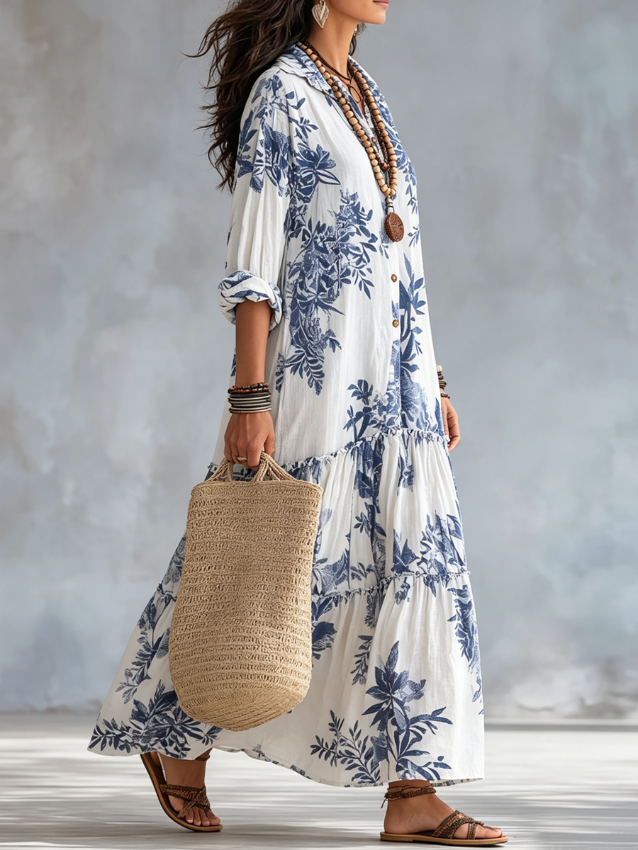 Giulia | Vestito Maxi Blu a Fiori con Bottoni