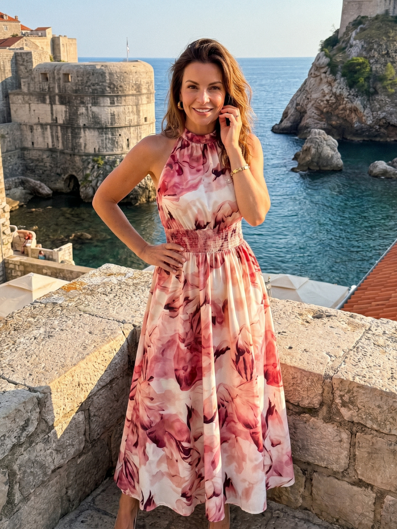 Olivia | Abito midi con vita arricciata e stampa astratta