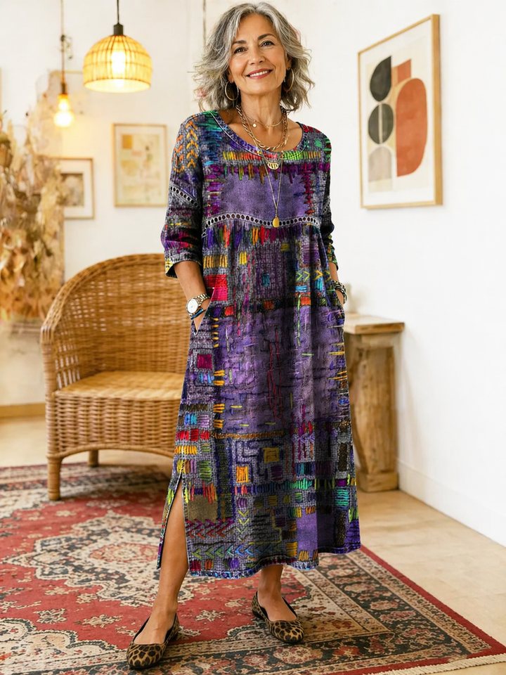 Manuela | Vestito in Denim con Patchwork Etnico