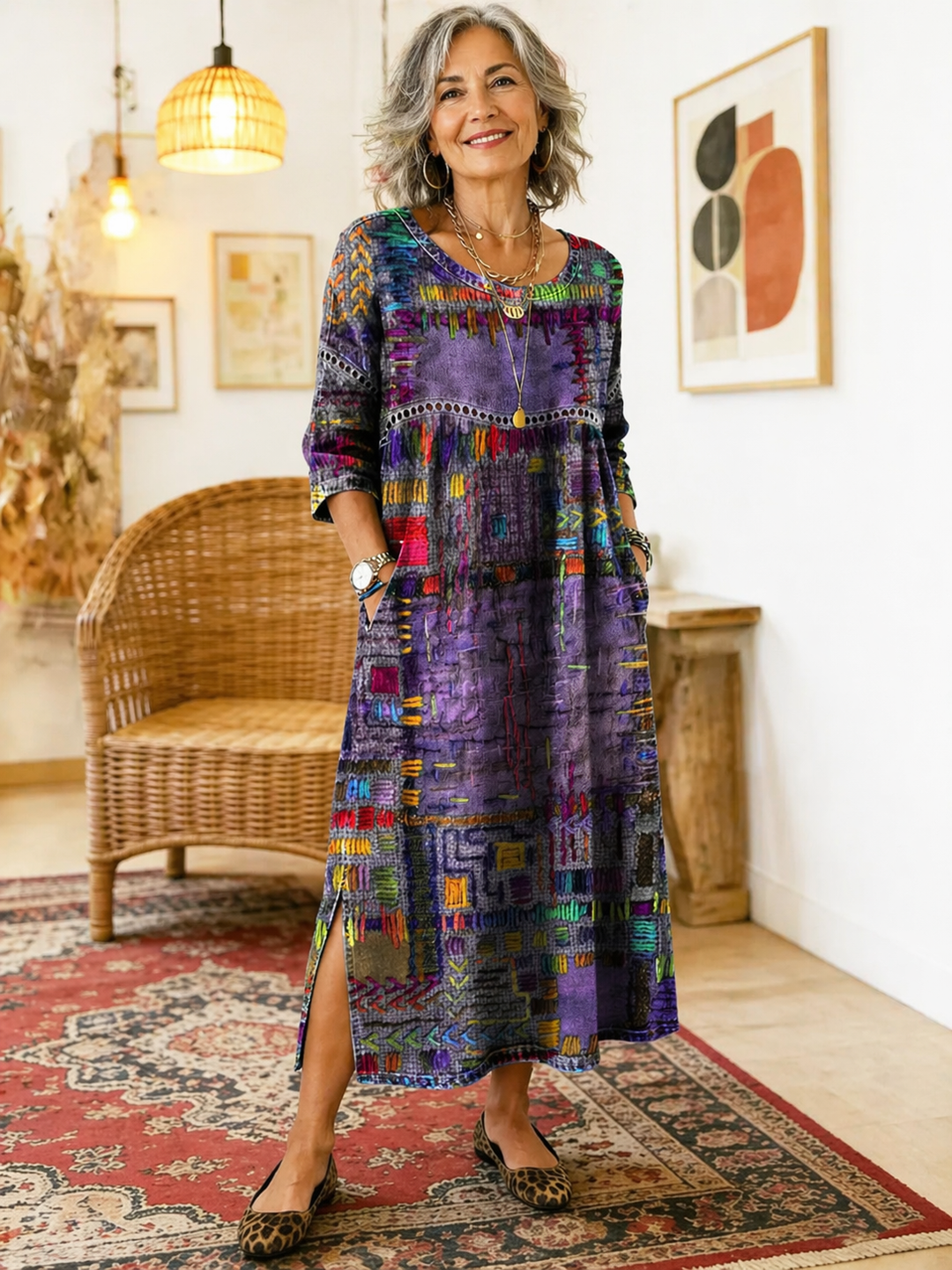 Manuela vestito in denim con patchwork etnico