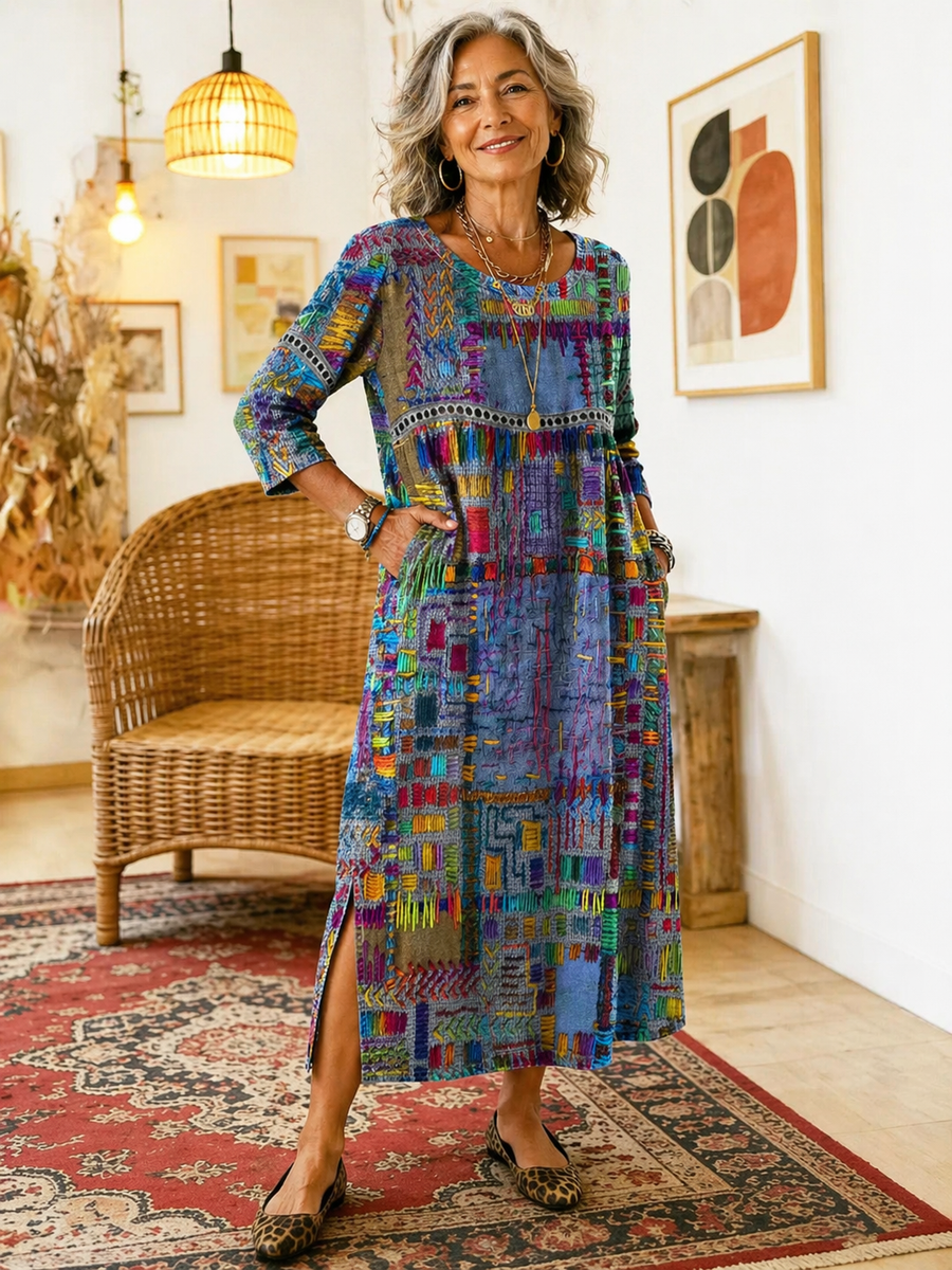Manuela | Vestito in Denim con Patchwork Etnico