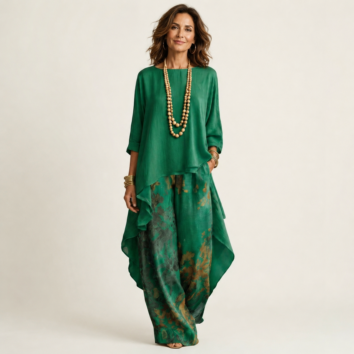 Carola | Set Due Pezzi in Cotone-Seta con Tunica Asimmetrica