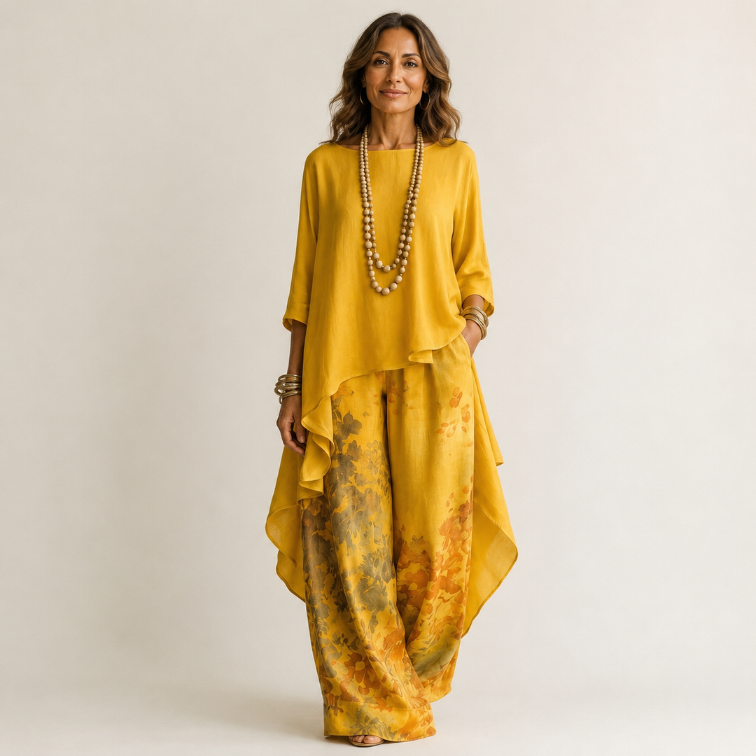 Carola - Set Due Pezzi in Cotone-Seta con Tunica Asimmetrica