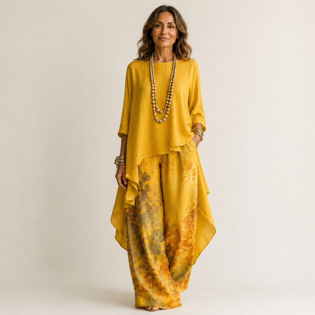 Carola | Set Due Pezzi in Cotone-Seta con Tunica Asimmetrica