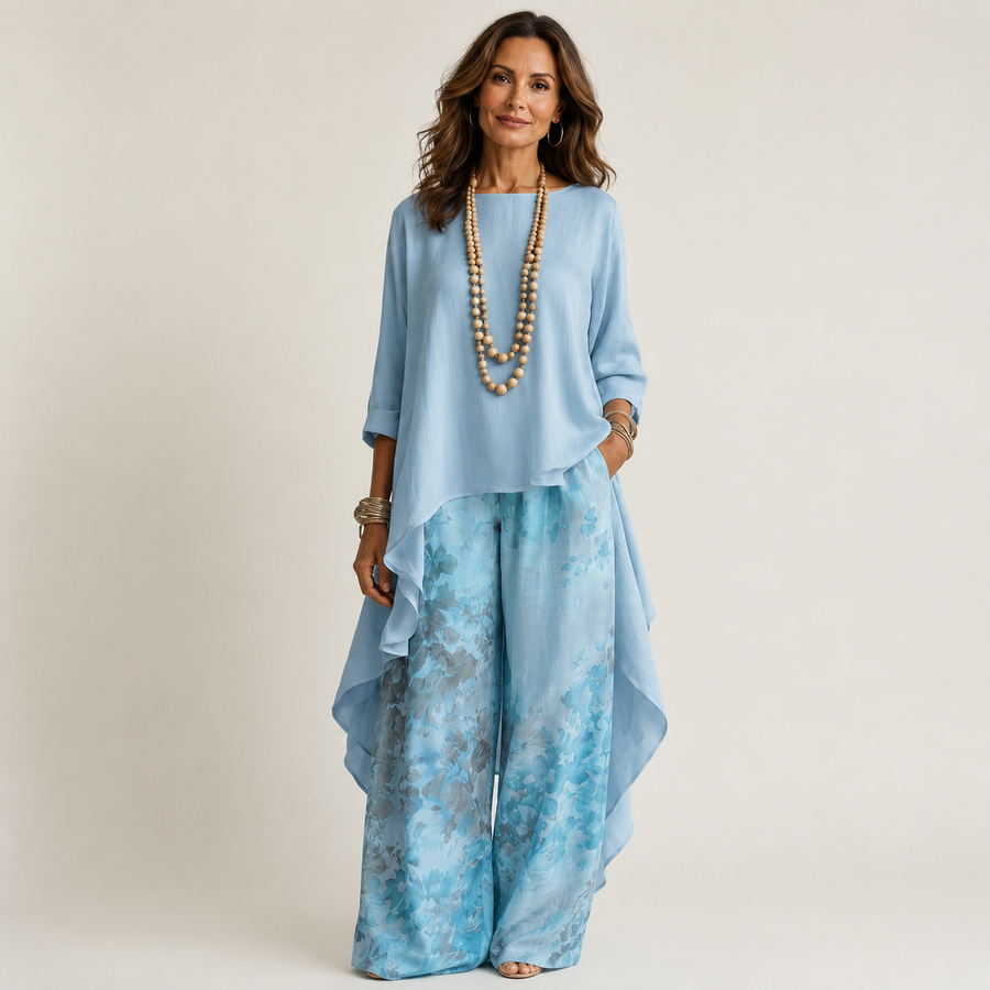 Carola - Set Due Pezzi in Cotone-Seta con Tunica Asimmetrica