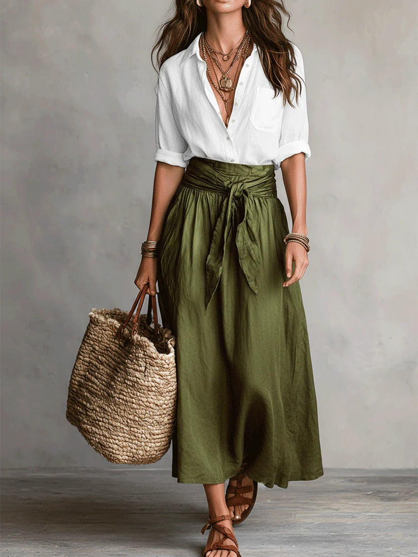 Elena | Set di Due Pezzi: Top Nero e Gonna Midi Verde Oliva