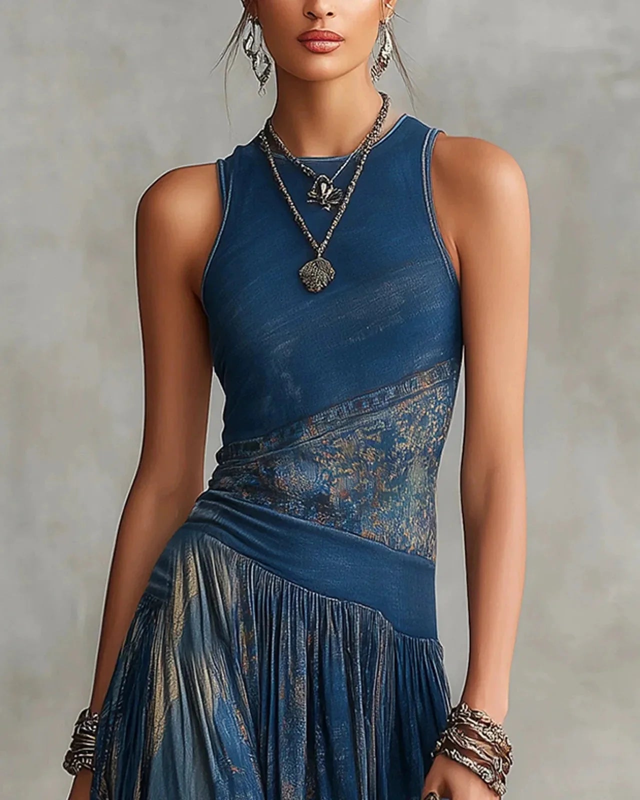 SILVIA - ABITO LUNGO BOHO CON STAMPA AZTECA E GONNA SVASATA