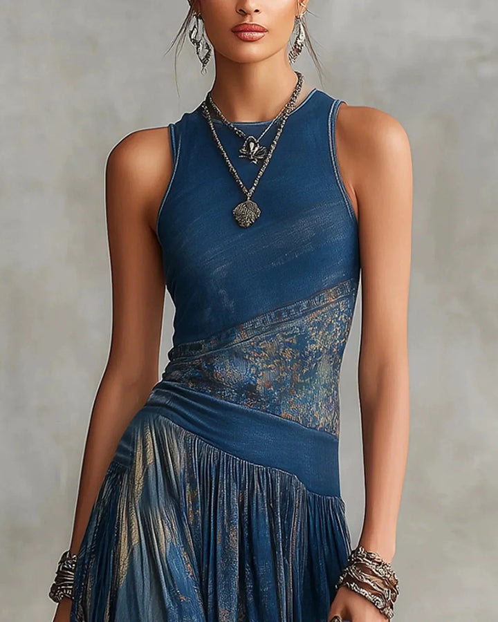 SILVIA - ABITO LUNGO BOHO CON STAMPA AZTECA E GONNA SVASATA