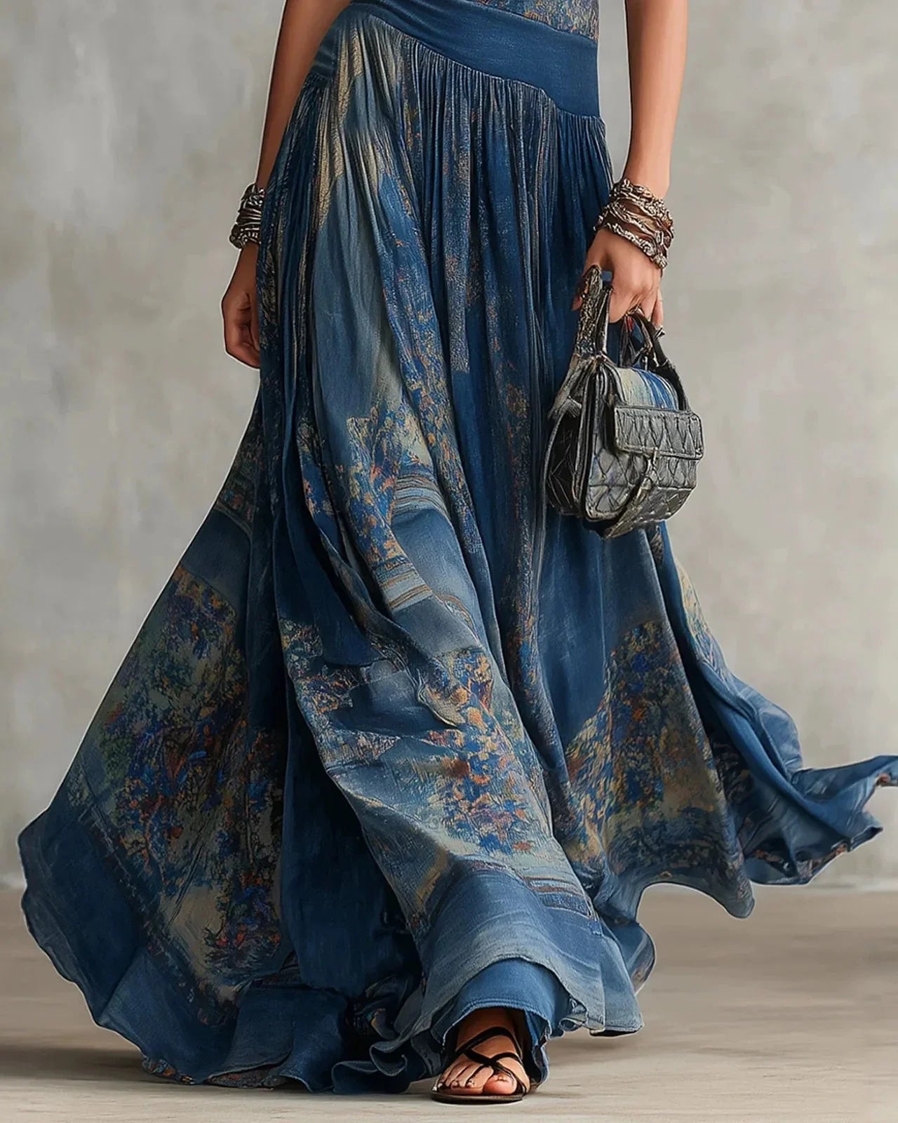 SILVIA - ABITO LUNGO BOHO CON STAMPA AZTECA E GONNA SVASATA
