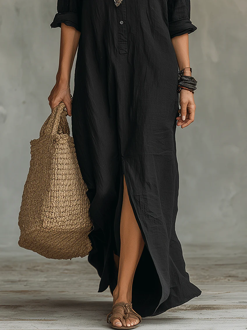 Soline™ | Abito Maxi Nero Svasato con Bottoni