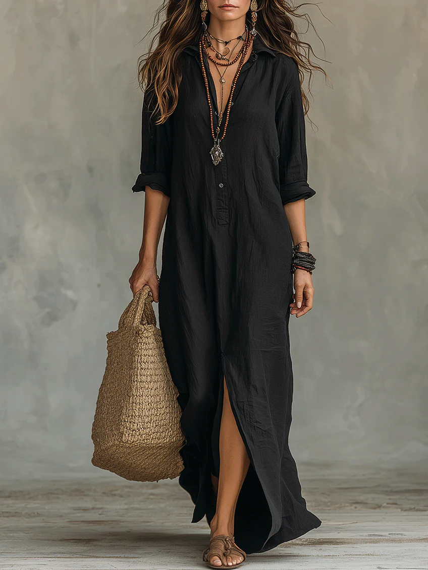 Soline™ | Abito Maxi Nero Svasato con Bottoni
