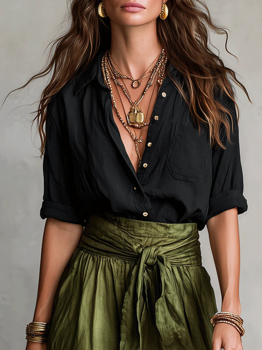 Elena | Set di Due Pezzi: Top Nero e Gonna Midi Verde Oliva