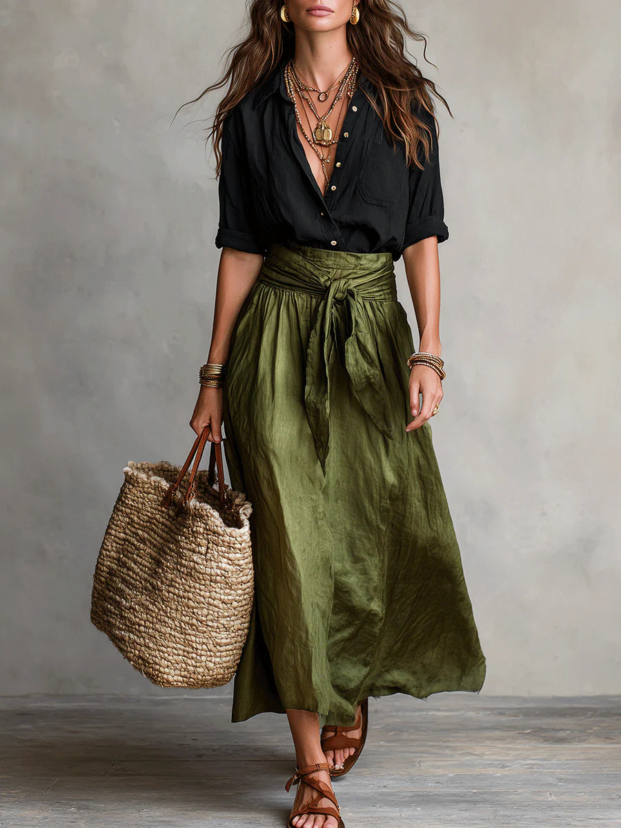 Elena | Set di Due Pezzi: Top Nero e Gonna Midi Verde Oliva