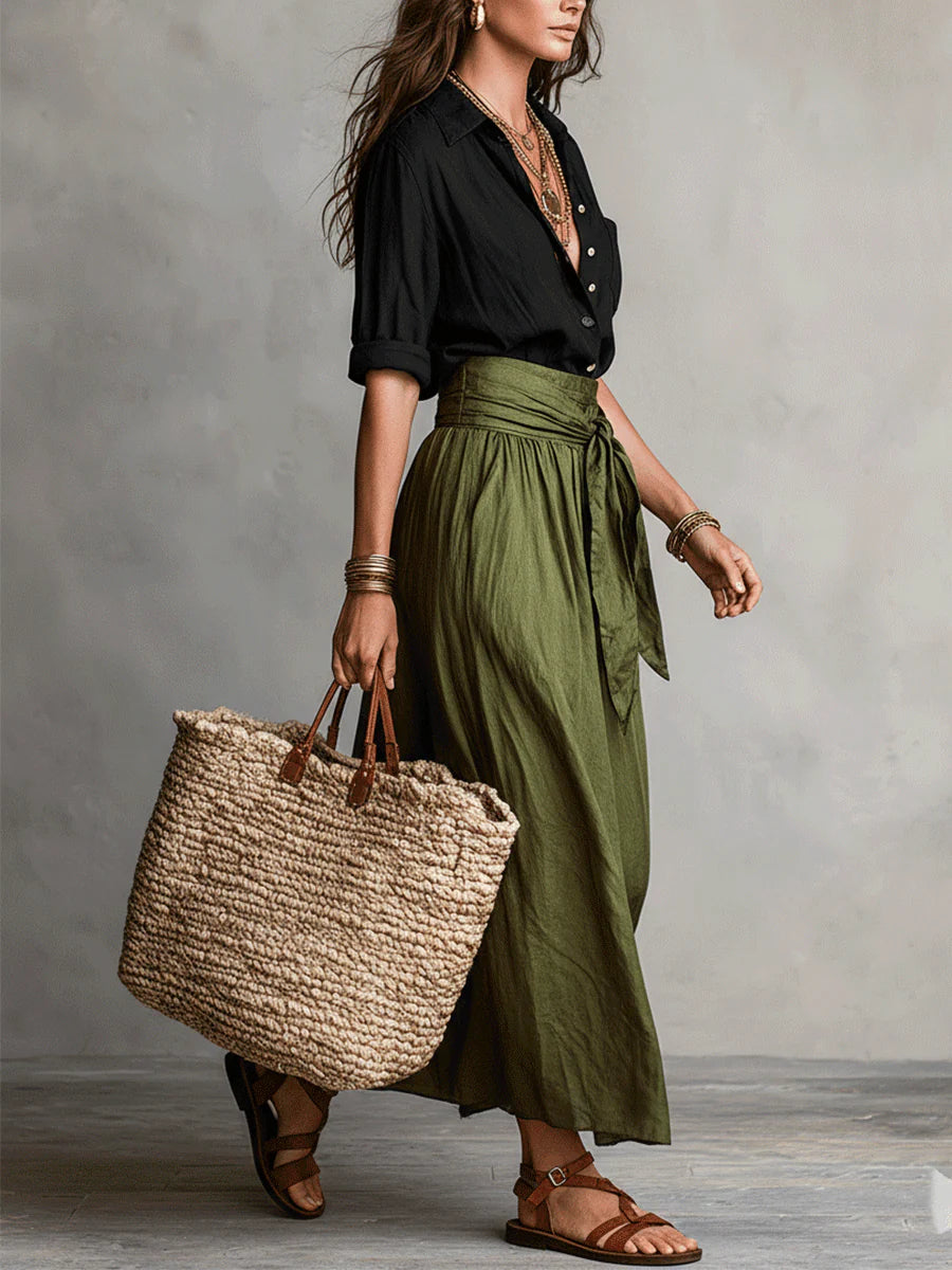Elena | Set di Due Pezzi: Top Nero e Gonna Midi Verde Oliva
