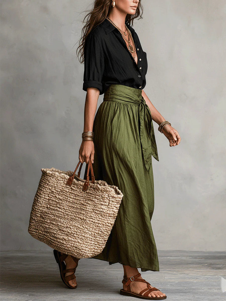 Elena | Set di Due Pezzi: Top Nero e Gonna Midi Verde Oliva