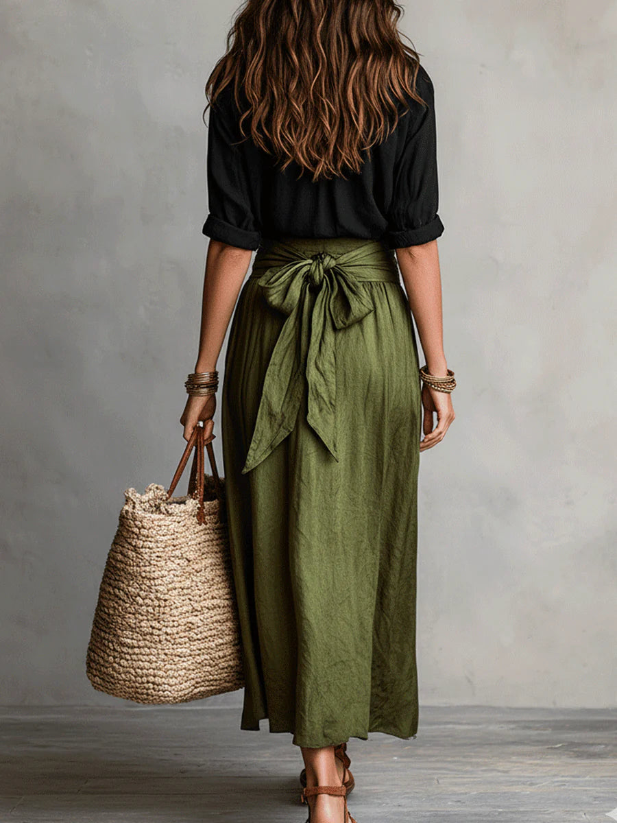 Elena | Set di Due Pezzi: Top Nero e Gonna Midi Verde Oliva