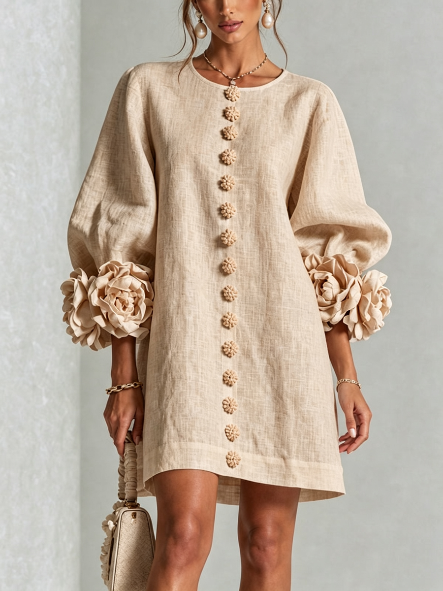 Ambra | Abito Mini in Misto Lino con Polsini a Rosa, Beige