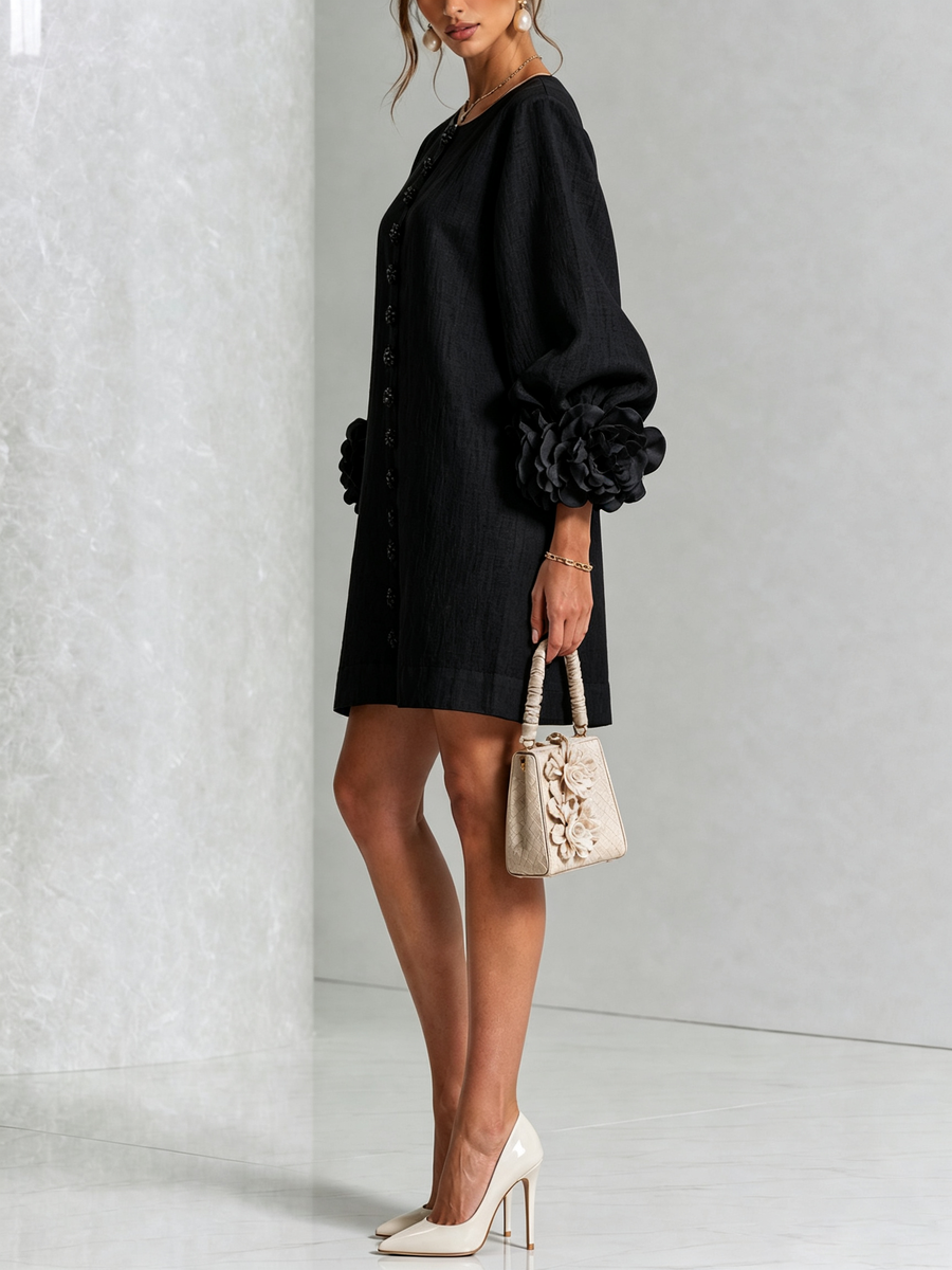 Cecilia | Abito Mini in Misto Lino con Polsini a Rosa, Nero