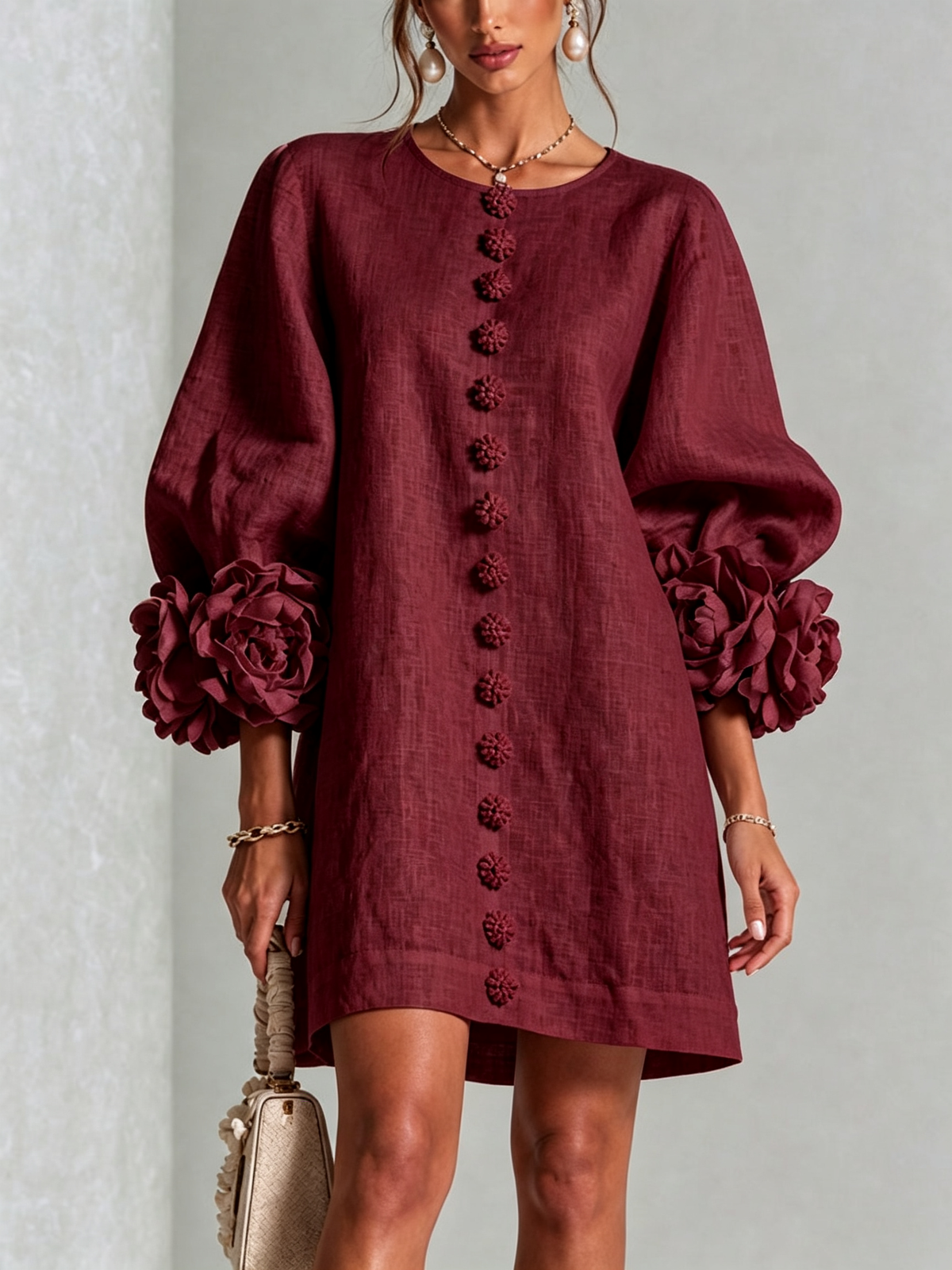 Ilaria | Abito Mini in Misto Lino con Polsini a Rosa, Bordeaux