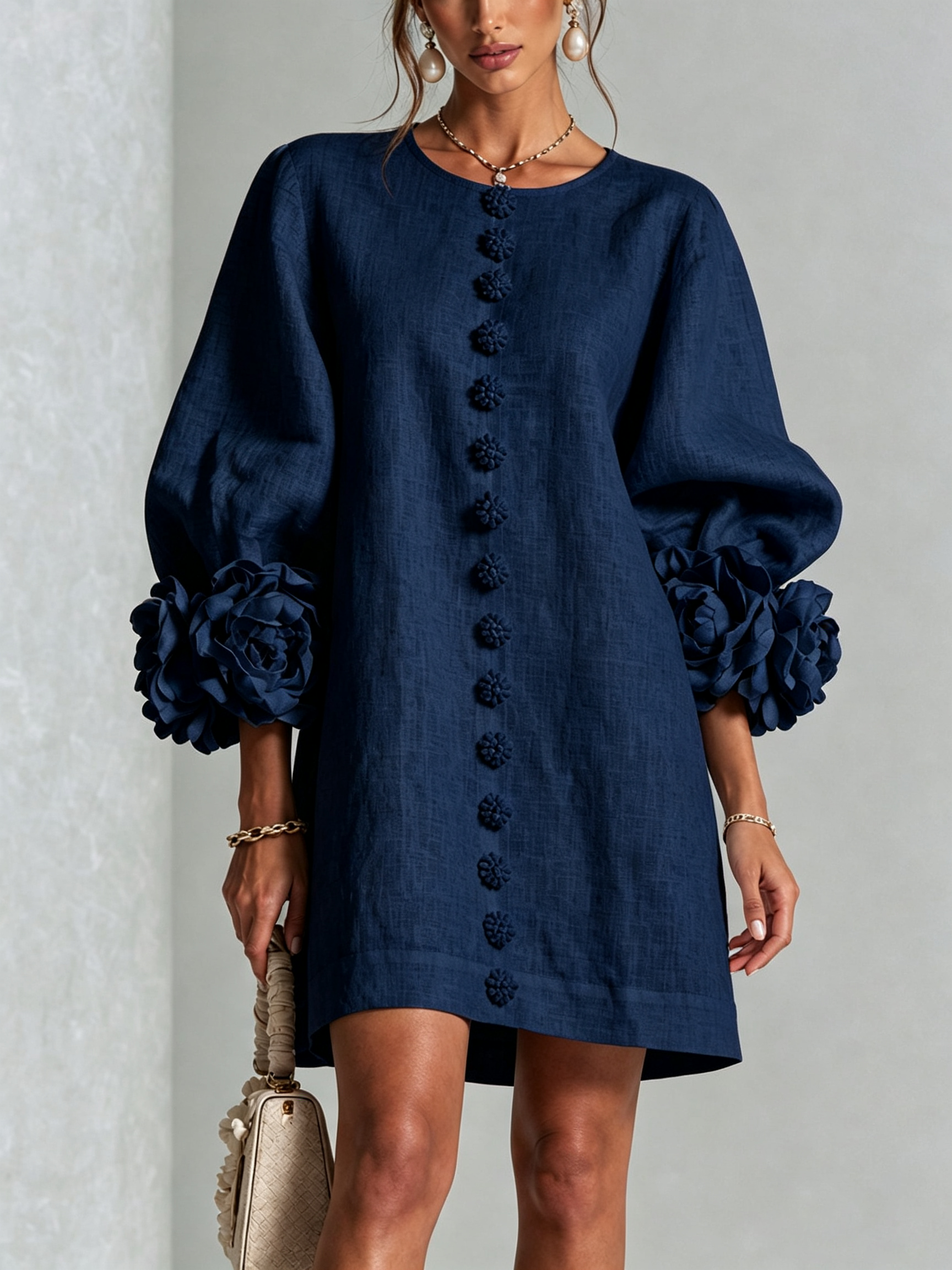 Marina | Abito Mini in Misto Lino con Polsini a Rosa, Blu Navy