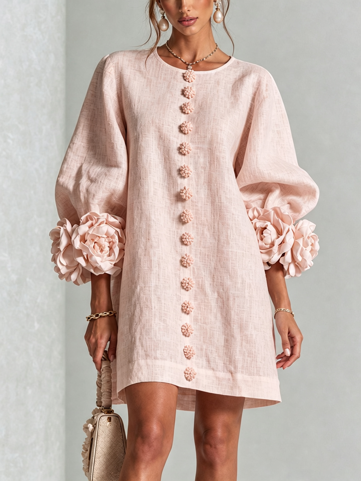 Noemi | Abito Mini in Misto Lino con Polsini a Rosa, Rosa
